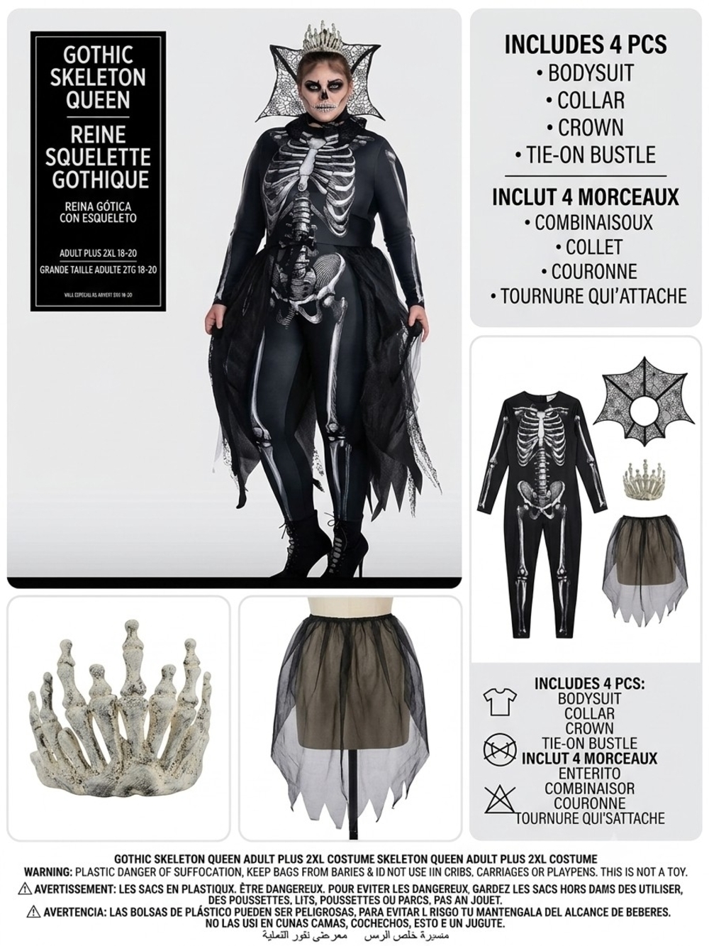 Gothic Skeleton Queen Kids Costume - Black